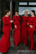 Long Sleeves Red Satin Long Mermaid Bridesmaid Dresses , BN1086