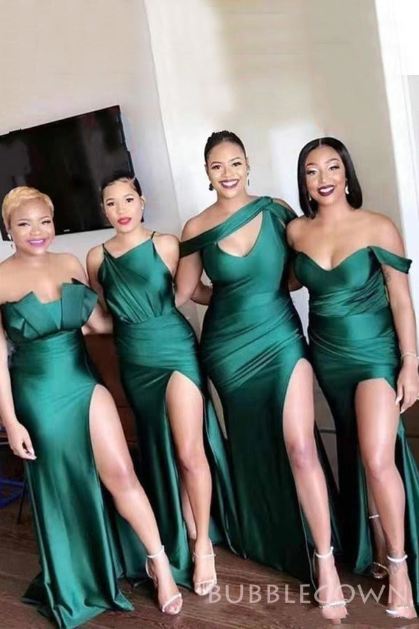 emerald bridesmaid dresses Emerald Satin Side Slit Long Mermaid Bridesmaid Dresses , BN1088 – BubbleGowns