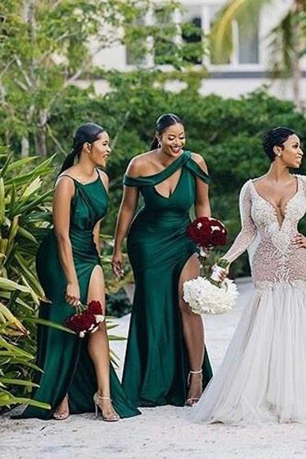 Emerald Satin Side Slit Long Mermaid Bridesmaid Dresses , BN1088 BubbleGowns Emerald Satin Side Slit Long Mermaid Bridesmaid Dresses , BN1088 BubbleGowns