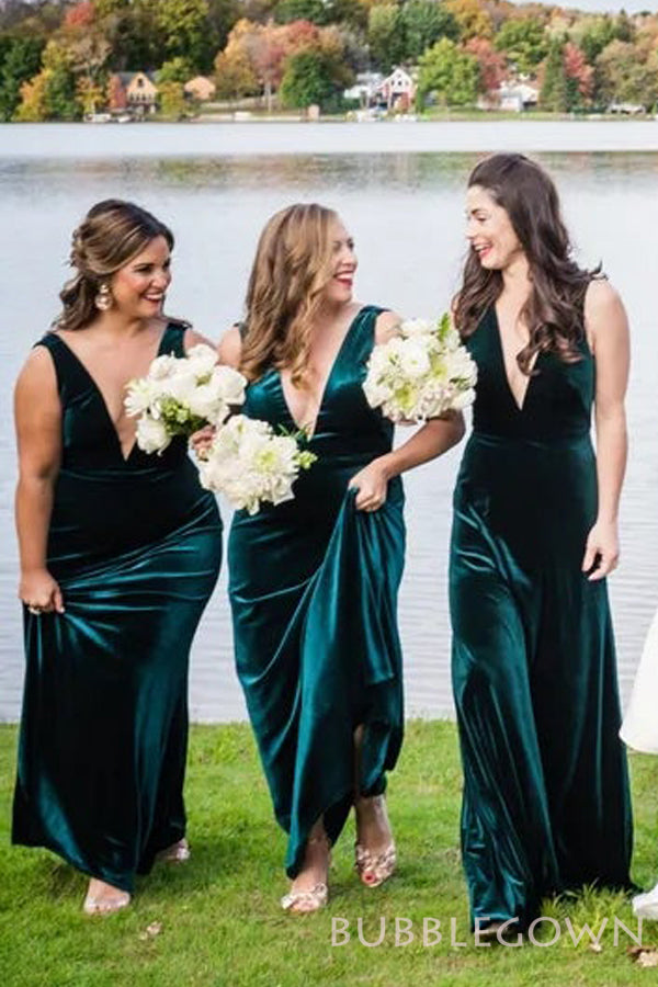 Dark Green Velvet Long V-neck Bridesmaid Dresses, BN1106 BubbleGowns Dark Green Velvet Long V-neck Bridesmaid Dresses, BN1106 BubbleGowns