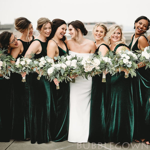 Column Spaghetti Straps Dark Green Velvet Long Bridesmaid Dresses, BN1109