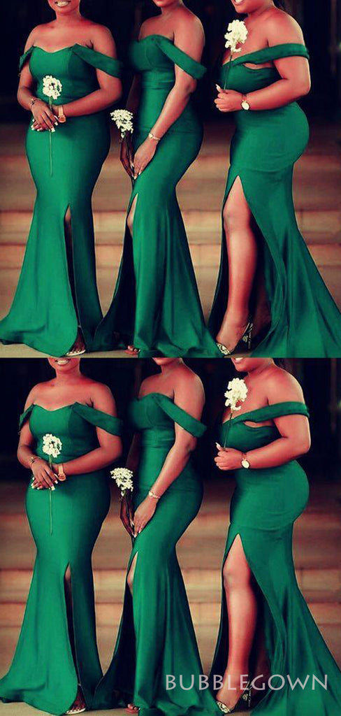 Off Shoulder Mermaid Green Satin Cheap Custom Long Bridesmaid Dresses , BN1111