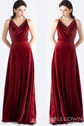 Spaghetti Straps Sheath/Column Velvet Cowl Neck Long Bridesmaid Dresses, BN1112