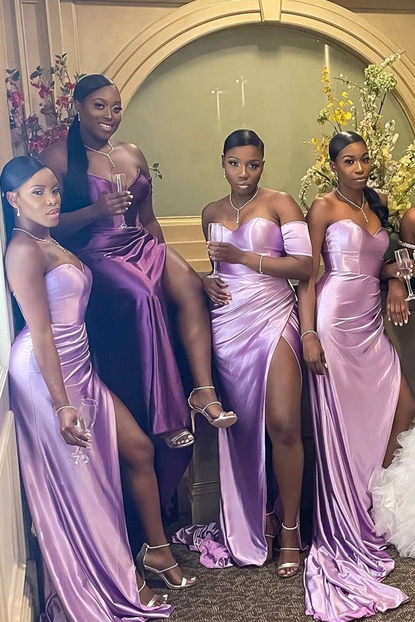 One Shoulder Short Sleeve Lilac Satin Side Slit Long Custom Bridesmaid BubbleGowns One Shoulder Short Sleeve Lilac Satin Side Slit Long Custom Bridesmaid BubbleGowns