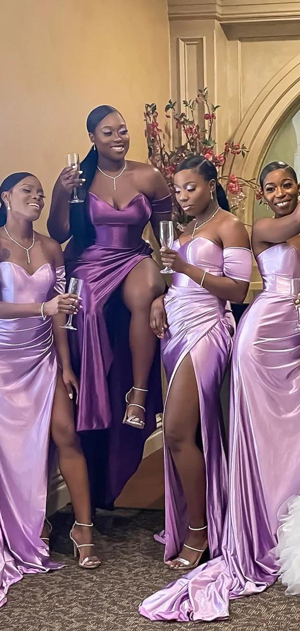 One Shoulder Short Sleeve Lilac Satin Side Slit Long Custom Bridesmaid BubbleGowns One Shoulder Short Sleeve Lilac Satin Side Slit Long Custom Bridesmaid BubbleGowns
