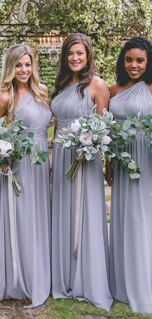 Simple One Shoulder Grey Chiffon A-line Long Custom Bridesmaid Dresses , BN1302