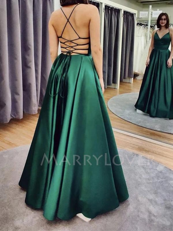 sex in a prom dress Sex Backless A-Line Satin V Neckline Long Evening Prom Dresses, Long P – BubbleGowns