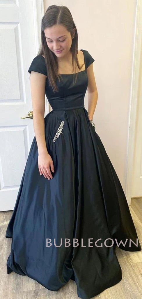 A-Line Satin Long Prom Dresses, Formal Graduation Party Evening Dresses, MR7044