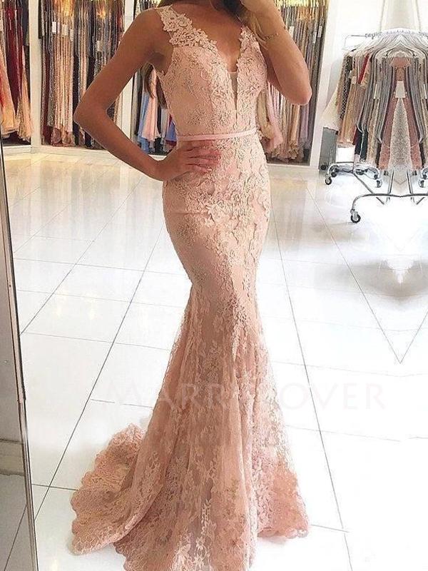 Sexy Backless Mermaid Lace Long Evening Prom Dresses, MR7056