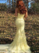 Sexy Mermaid Bcakless Yellow Lace Long Evening Prom Dresses, MR7051