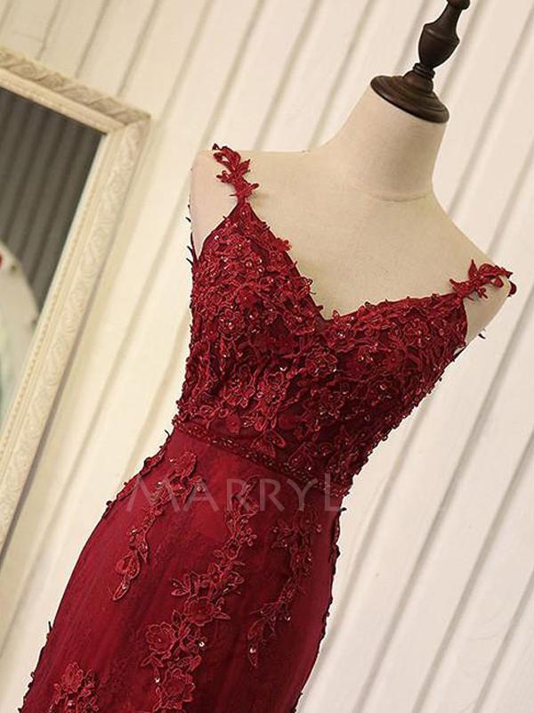 Sexy Mermaid Backless burgundy Lace Long Evening Prom Dresses, MR7058