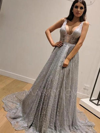 Sex V Neckline Sparkle A-Line Long Evening Prom Dresses, MR7064