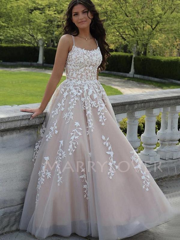 Sex Backless Lace Embroidery Long Evening Prom Dresses, Cheap Tulle Sweet Prom Dresses, MR7077