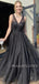 Sexy V-neck Tulle Floor Length A-line Black Long Evening Prom Dresses, MR7081