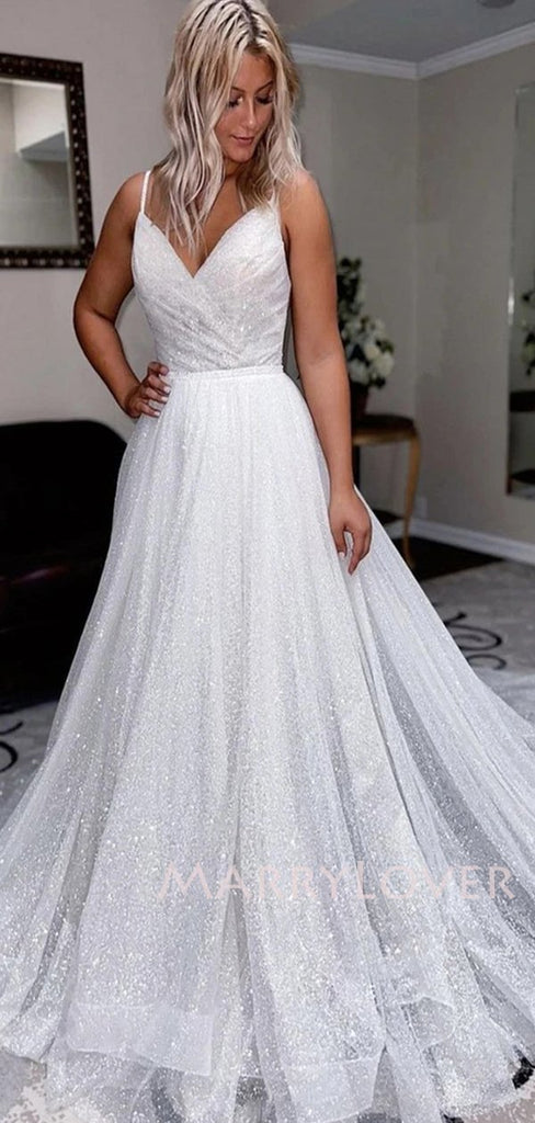 V neckline A-Line Sparkle Long Evening Prom Dresses, wedding dresses, MR7084
