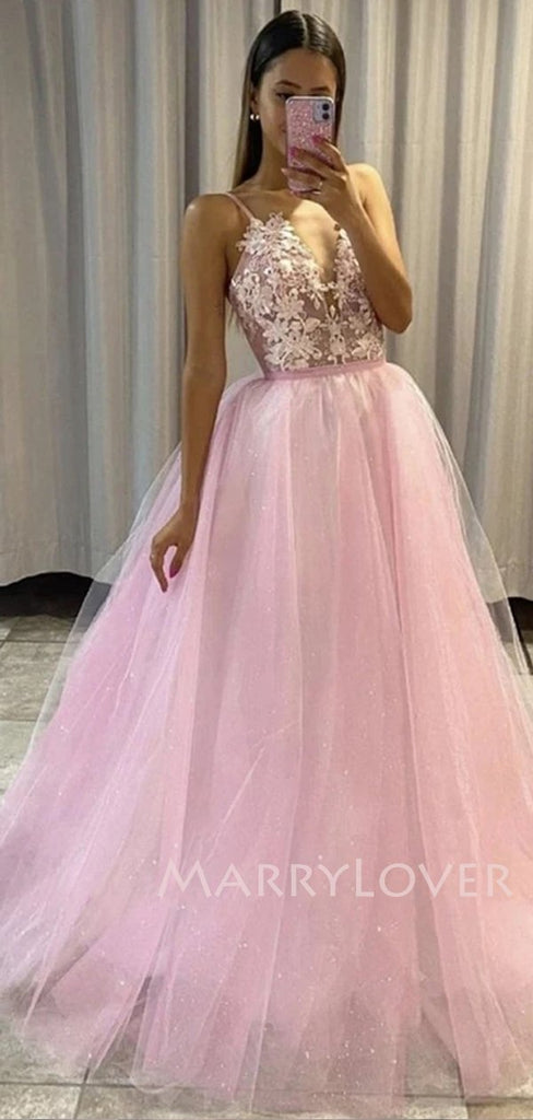 Sexy V Neck Lace Tulle A-line Long Evening Prom Dresses, Cheap Sweet Custom Prom Dresses, MR7090