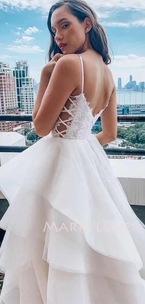 A-Line Long White Lace Evening Prom Dresses, Cheap Custom Wedding Dresses, MR7097