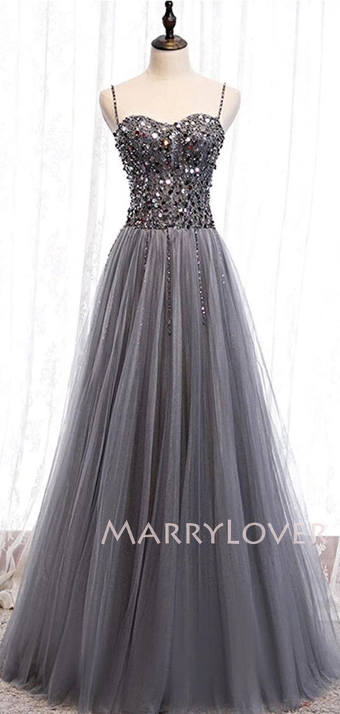 A-Line Beaded Spagheitt Straps Long Custom Evening Prom Dresses, Cheap Sweet Dresses, MR7099