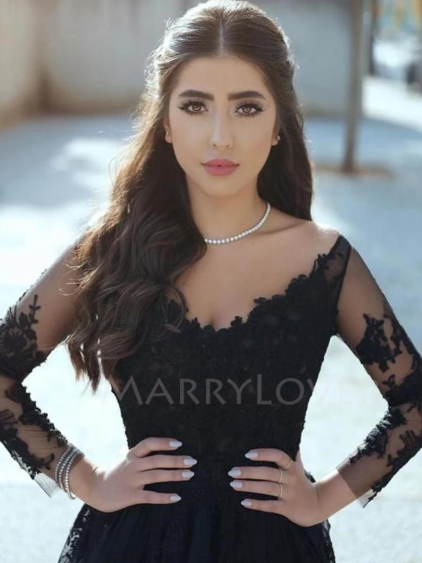 Sexy See Through Black Lace Long Sleeve A-Line Long Evening Prom Dress BubbleGowns Sexy See Through Black Lace Long Sleeve A-Line Long Evening Prom Dress BubbleGowns
