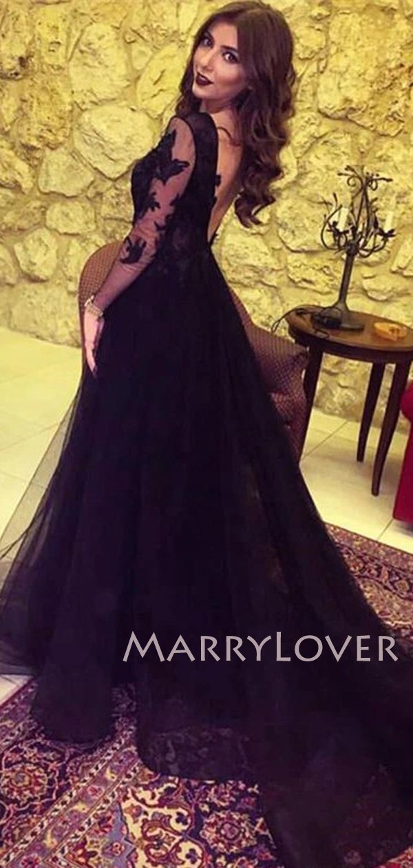 Sexy See Through Black Lace Long Sleeve A-Line Long Evening Prom Dress BubbleGowns Sexy See Through Black Lace Long Sleeve A-Line Long Evening Prom Dress BubbleGowns