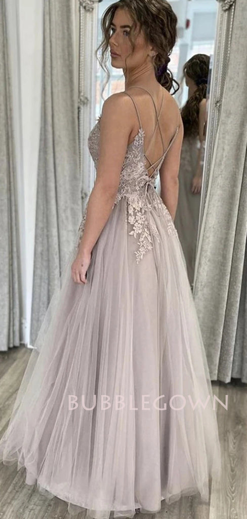 Backless Spagheitt Straps Lace A-line Long Evening Prom Dresses, Cheap Sweet Custom Prom Dresses, MR7122