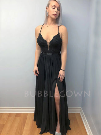 Backless Black Lace Long Chiffon Evening Prom Dresses With Split, V Neck Prom Dresses, MR7132