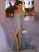 Sexy Off Shoulder Long Sleeves Dusty Blue Long Evening Prom Dresses, MR7178