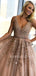 V-neck Tulle Floor Length Lace A-line Long Evening Prom Dresses, Cheap Custom Prom Dresses, MR7184