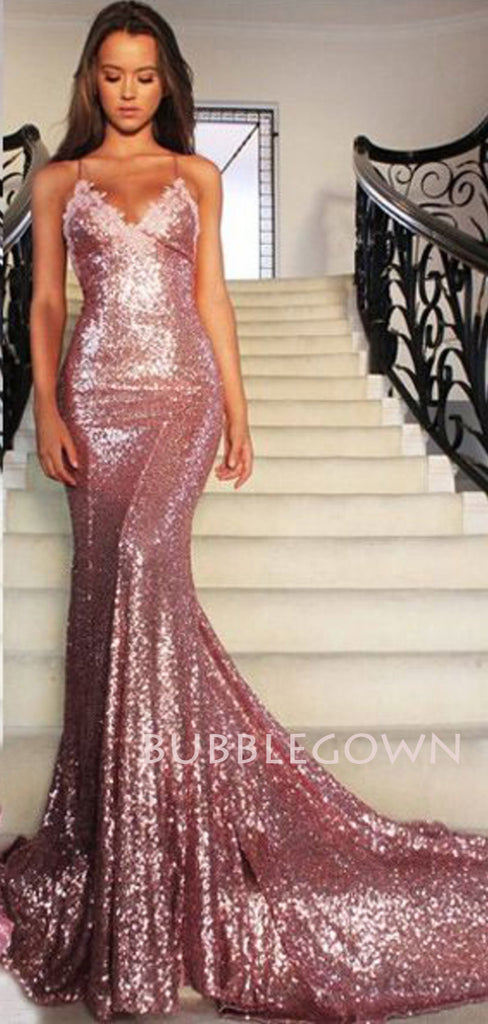 Sexy Sequin Long Mermaid Sparkly Pink Long Evening Prom Dresses, Cheap Custom Prom Dresses, MR7195