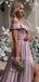 Dusty Purple Off Shoulder Sparkle A-Line Side Slit Long Evening Prom Dresses, MR7219