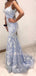 Dusty Blue Mermaid Spaghetti Straps Lace Long Evening Prom Dresses, MR7224