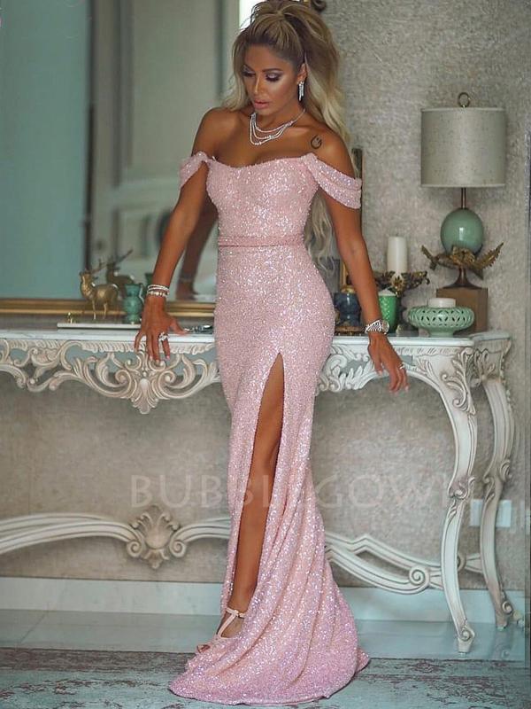 long pink prom dresses for sale Pink Sequin Deep V Neck Side Slit Long Evening Prom Dresses, Cheap Cus – BubbleGowns