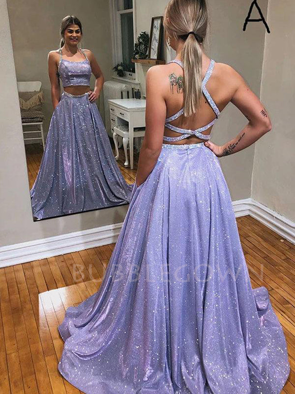 Sexy Backless Two Pieces Sparkle A-Line Long Evening Prom Dresses, MR7238