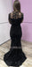 Black See Throuth Half Sleeves Sequin Mermaid Long Evening Prom Dresses, MR7248
