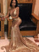 Sex Golden Deep V neck Spaghetti Atraps Mermaid Long Evening Prom Dresses, MR7249