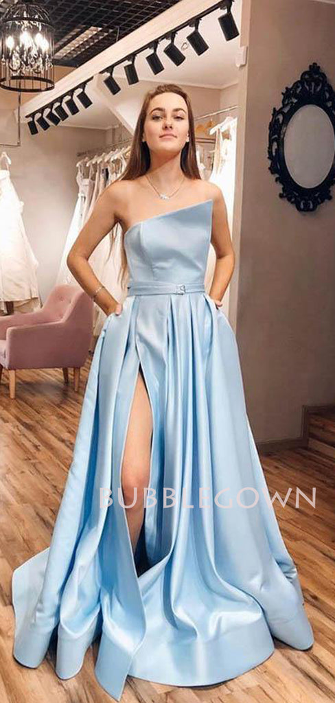 Blue A-Line Backless Side Slit Sation Long Evening Prom Dresses, MR7251