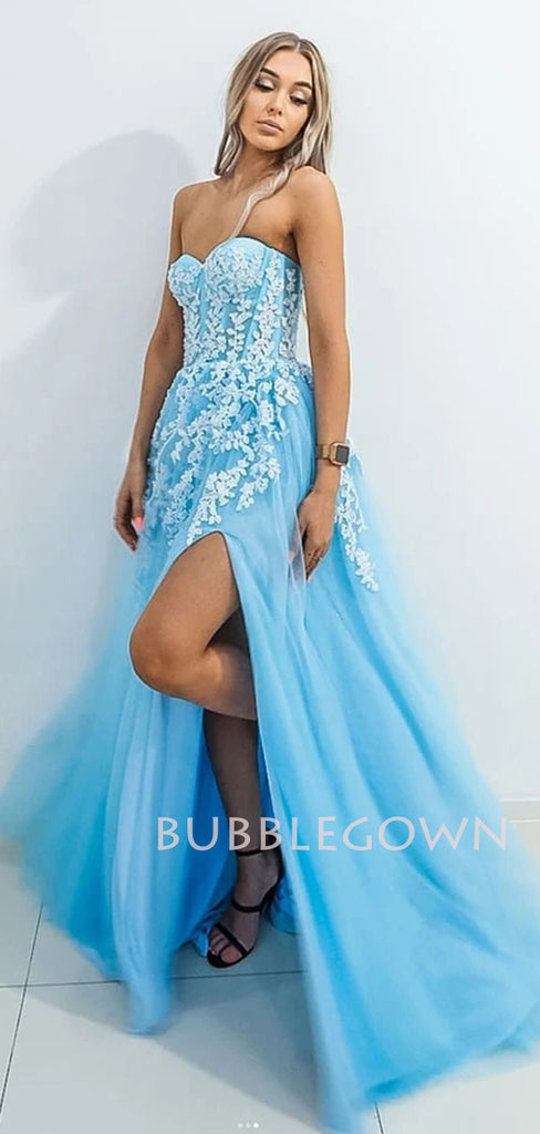 A-Line Tulle Side slit Blue Lace Long Evening Prom Dresses, Cheap Tulle Sweet Dresses, MR7256