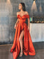 Off Shoulder Orange A-Line Side Slit Long Evening Prom Dresses, MR7257