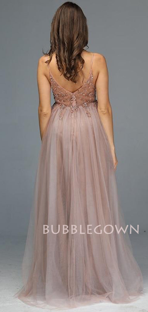 See Through V-neck Champagne Tulle A-line Long Evening Prom Dresses, MR7265