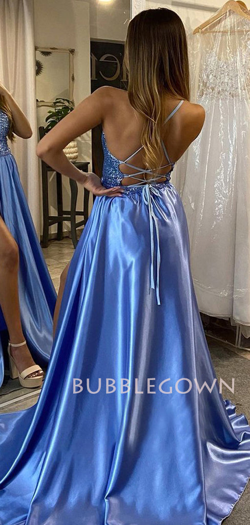 Sexy Backless A-Line Simple Blue Satin Long Evening Prom Dresses, MR7266