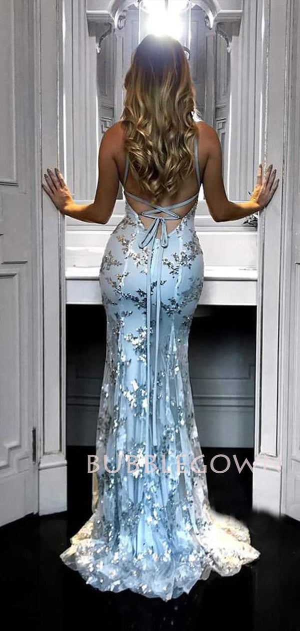 backless lace mermaid prom dress Backless Long Lace Mermaid Prom Dress with Sheer Sides Aqua / 6