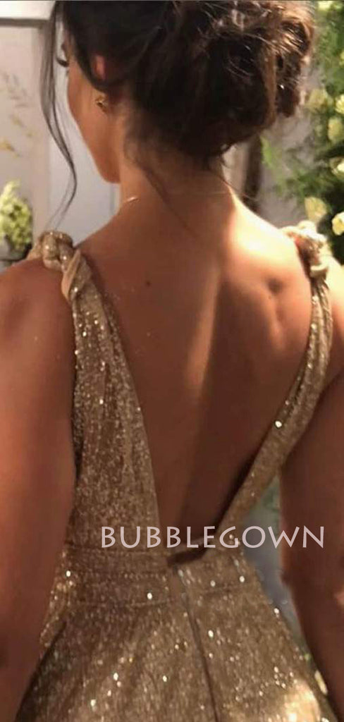 Deep V Neck Golden Sequin Backless A-Line Long Evening Prom Dresses, Cheap Custom Sweet Sharply Prom dresses, MR7276
