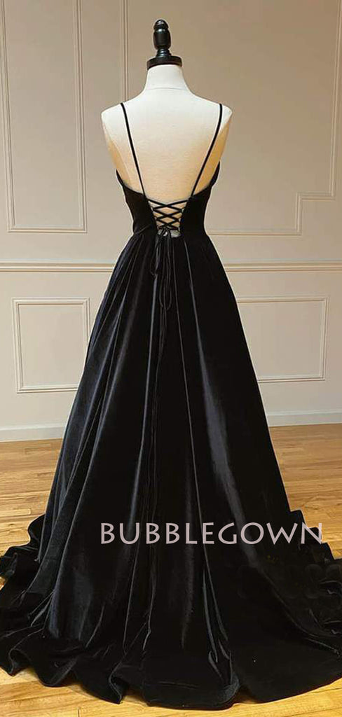 A-Line Backless Black Satin V Neck Long Evening Prom Dresses, Cheap Custom Backless Prom Dresses, MR7279