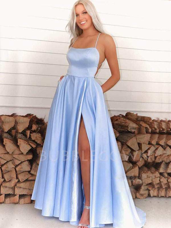 Spaghetti Straps Blue Satin A-Line Side Slit Long Evening Prom Dresses, MR7282