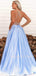 Spaghetti Straps Blue Satin A-Line Side Slit Long Evening Prom Dresses, MR7282