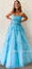 Sexy Backless A-Line Blue Lace Long Evening Prom Dresses, Cheap Tulle Sweet Prom Dresses, MR7284