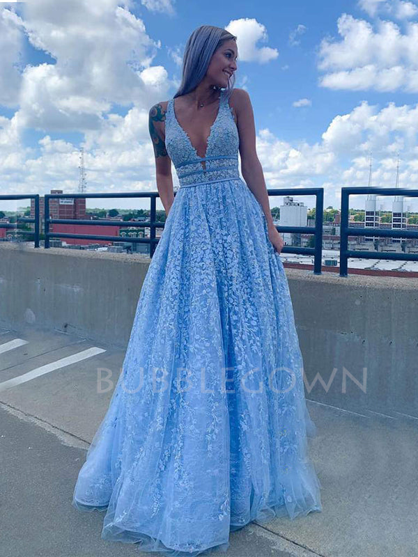 Deep V Neck Blue Lace Long A-Line Evening Prom Dresses, Cheap Custom Prom Dresses, MR7285