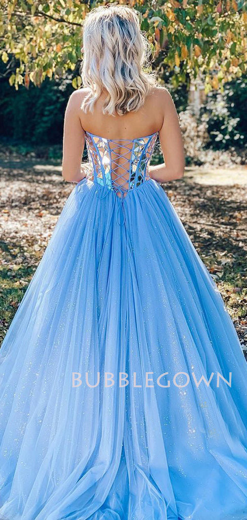A-Line Rhinestone Backless Blue Tulle Long Evening Prom Dresses, Cheap Custom Prom Dresses, MR7309