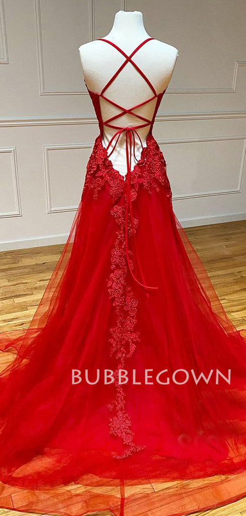 Red Lace A-Line Spaghetti Straps Long Evening Prom Dresses, Cheap Custom Prom Dress, MR7310
