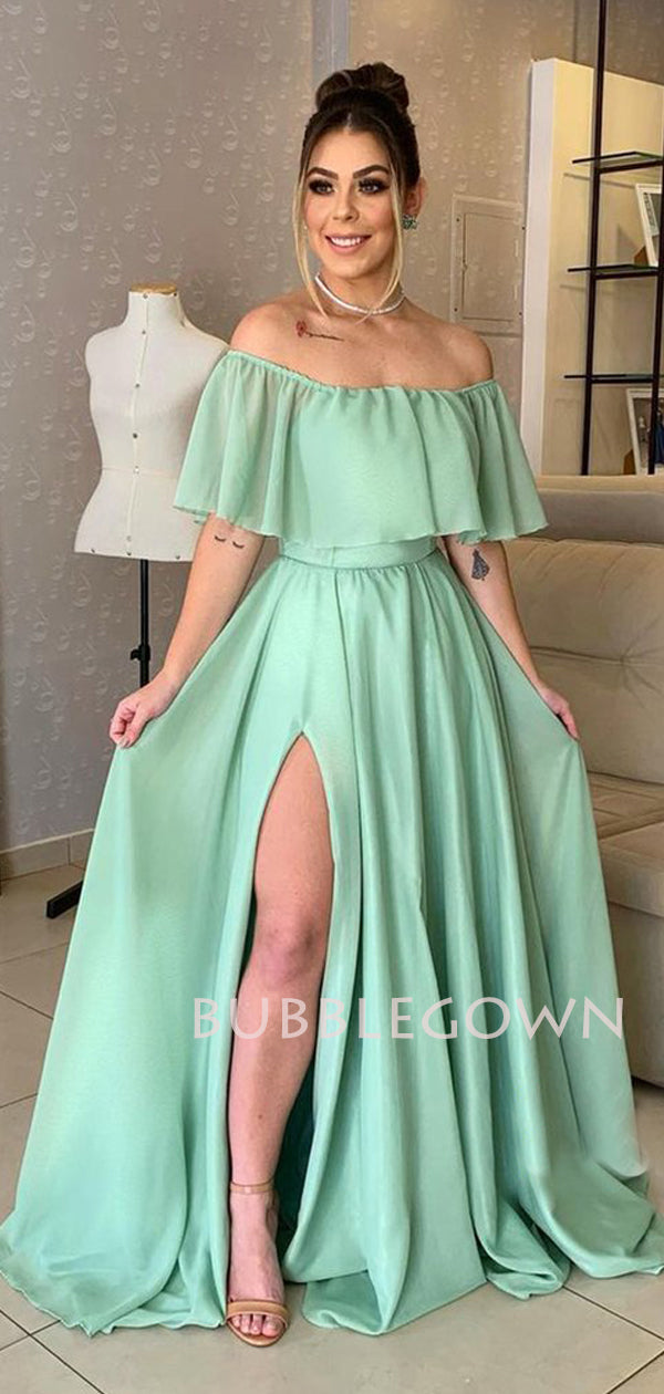 Off Shoulder Blue Chiffon Cheap Long Evening Prom Dresses, MR7312 BubbleGowns Off Shoulder Blue Chiffon Cheap Long Evening Prom Dresses, MR7312 BubbleGowns